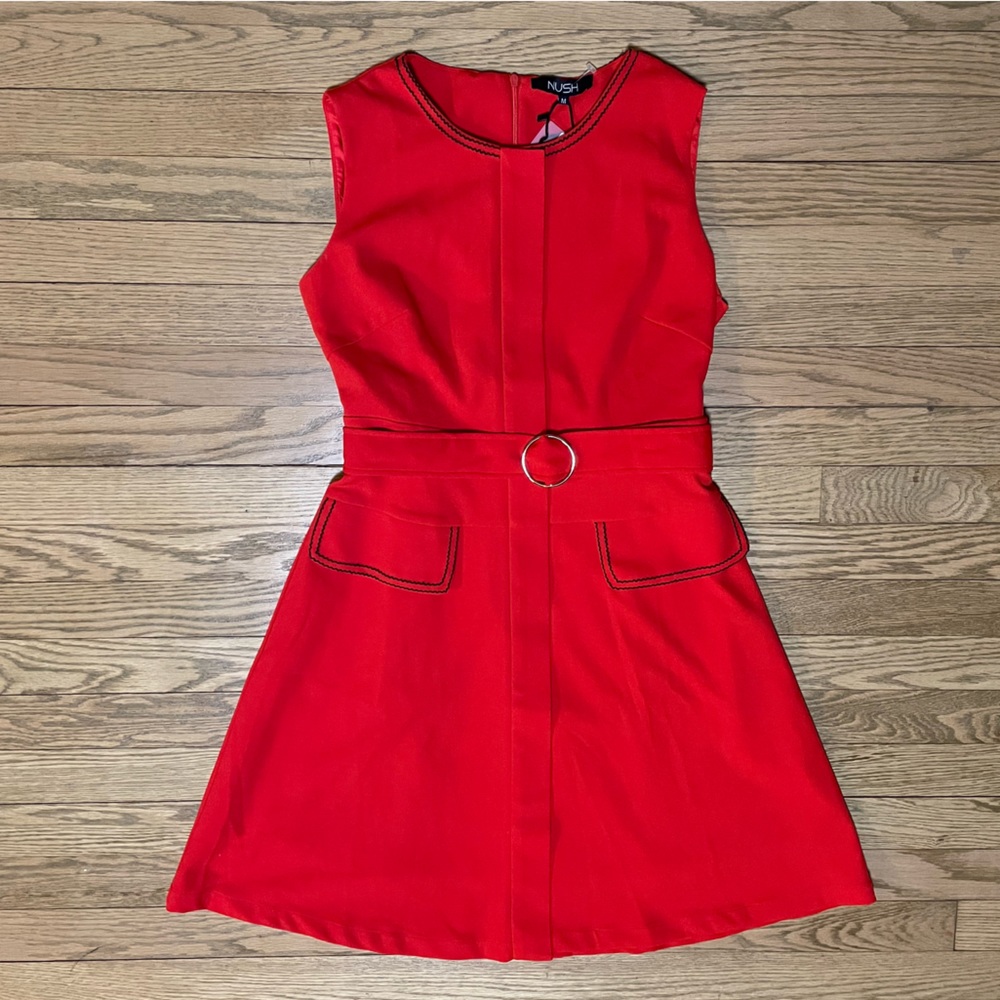 NWT - NUSH by ANUSHKA SHARMA Red A-line Sleeveless Flared Mini Dress with Belt - Picture 5 of 15